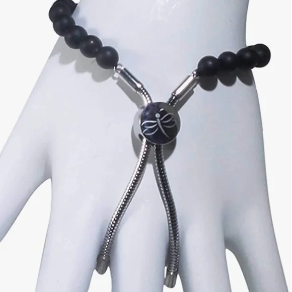 Black Agate Bracelet 5mm Beads Stainless Steel Unique Pull with Dragonfly Symbol - Picture 2 of 3